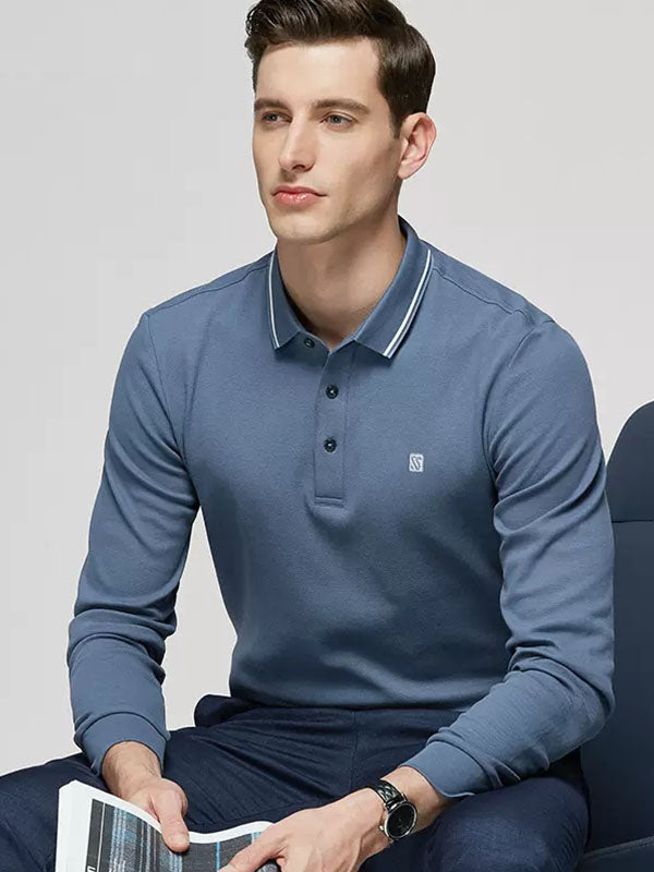 Men's Solid Color Lapel Long Sleeved Polo Shirt