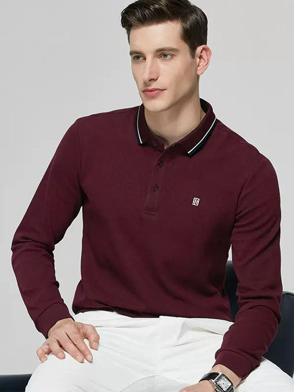 Men's Solid Color Lapel Long Sleeved Polo Shirt