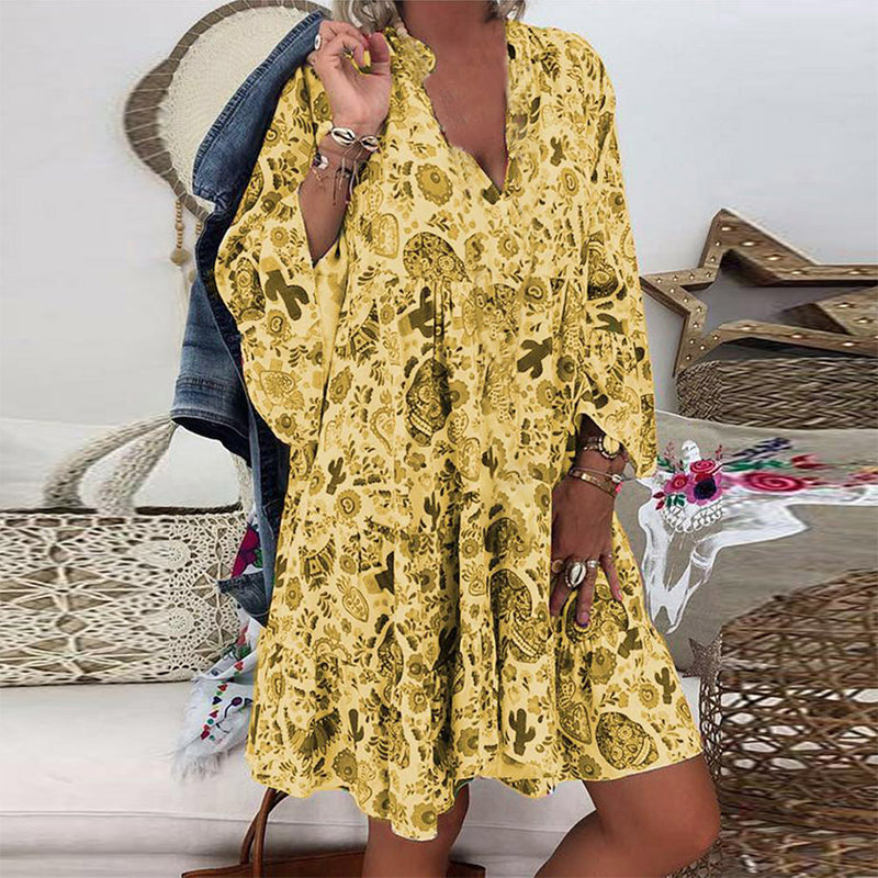 V-Neck Button-Up Ruffle Dress