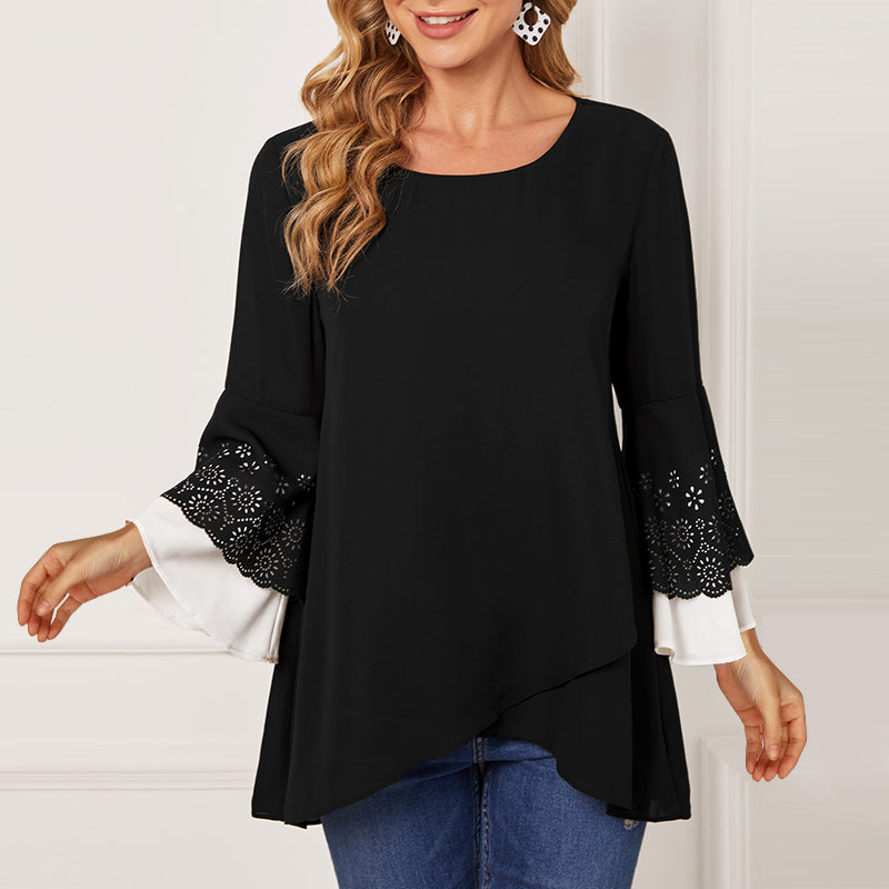 Women's Round Neck Contrast Color Nine-point Sleeve Shirt