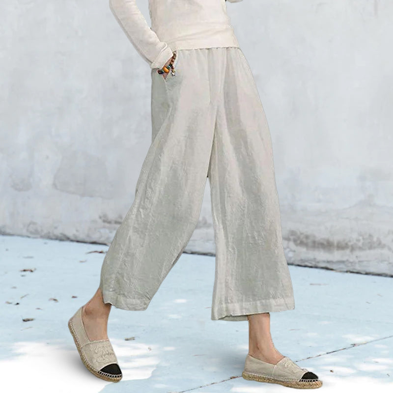 Solid Color Cotton and Linen Loose Wide-leg Cropped Pants