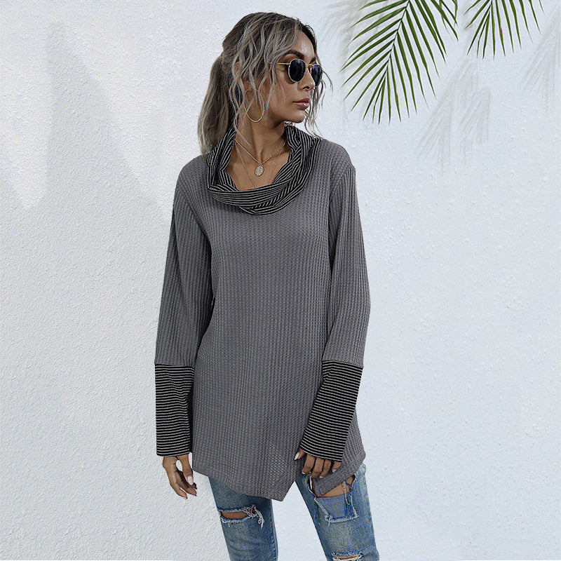 Ladies autumn and winter pile collar striped stitching bottoming shirt