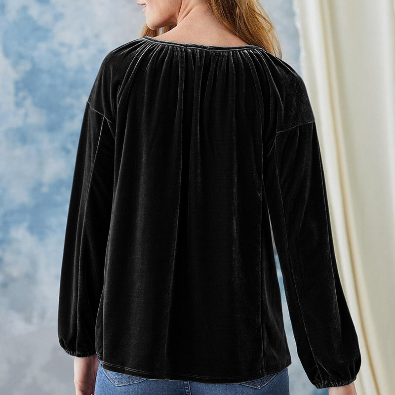 Crewneck Pullover Smocked Balloon Sleeve Velvet Top