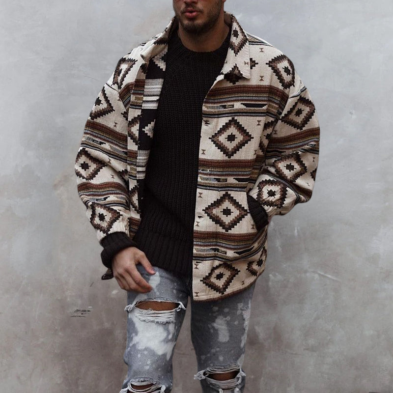 Printed Geometric Lapel Button-Up Jacket