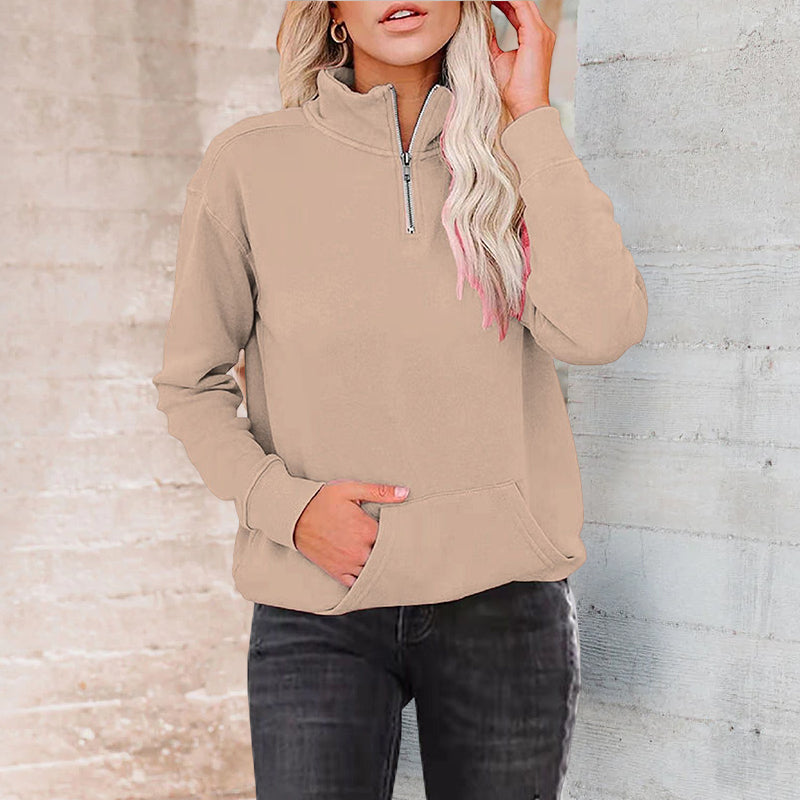 Solid Color Zip Up Collar Sweatshirt