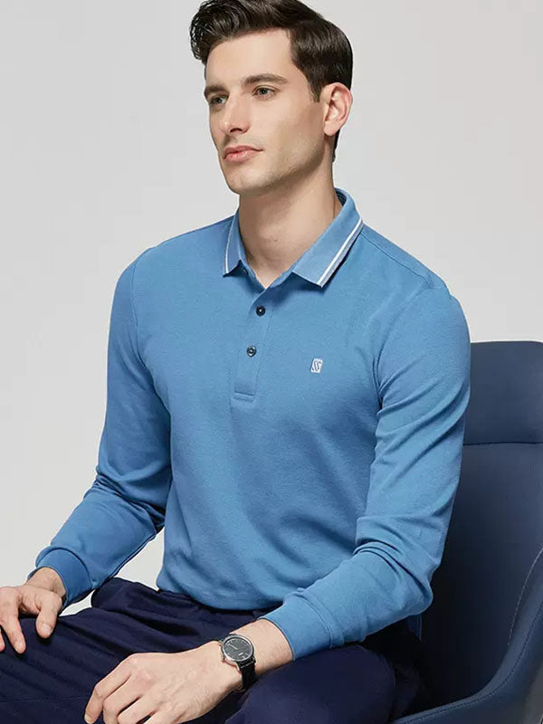 Men's Solid Color Lapel Long Sleeved Polo Shirt
