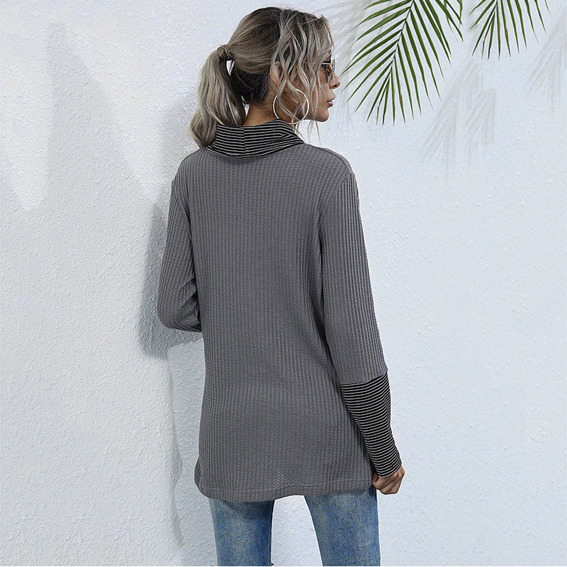 Ladies autumn and winter pile collar striped stitching bottoming shirt