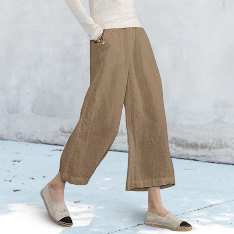 Solid Color Cotton and Linen Loose Wide-leg Cropped Pants
