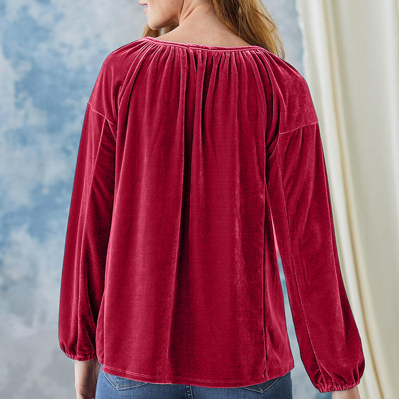 Crewneck Pullover Smocked Balloon Sleeve Velvet Top