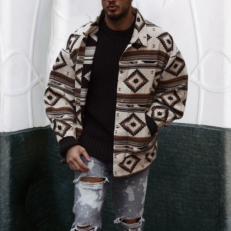 Printed Geometric Lapel Button-Up Jacket