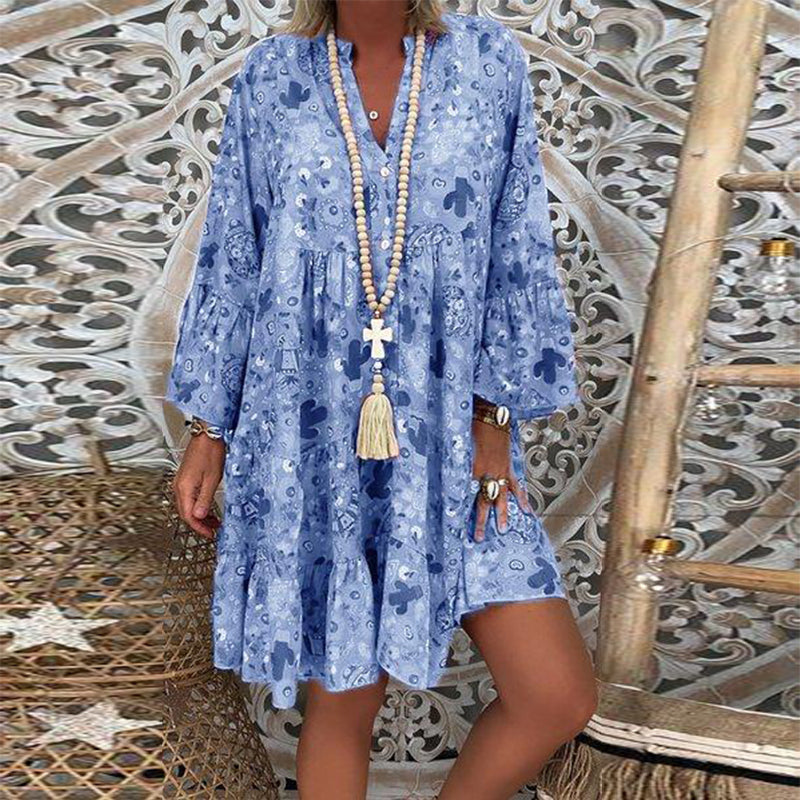 V-Neck Button-Up Ruffle Dress