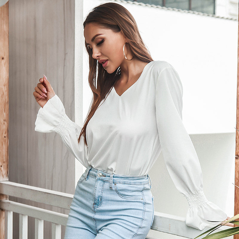 V-neck Open-back Flared-sleeve Shirt