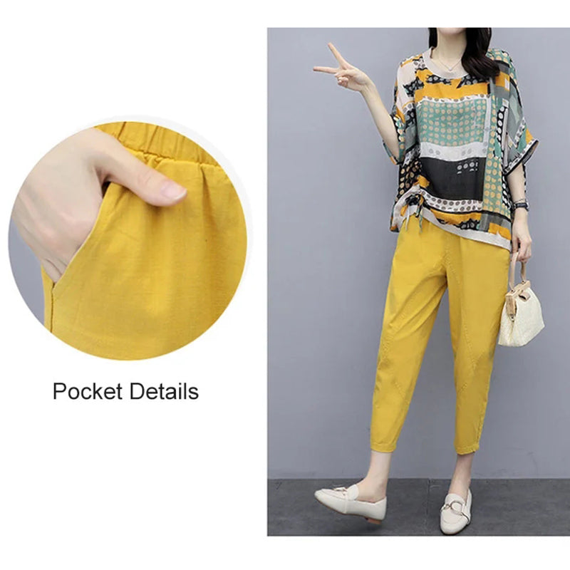 Women Printed Cotton Linen Two-piece Set