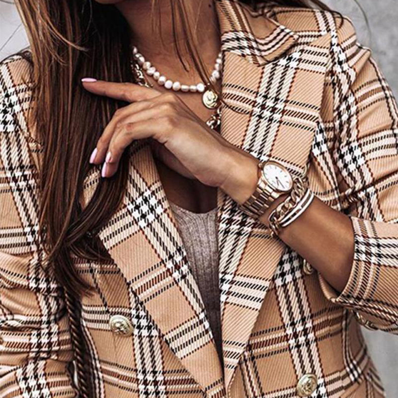 Long Sleeve Double Breasted Plaid Print Blazer