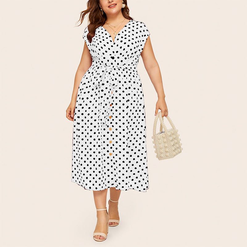 Polka Dot Waist V-Neck Dress