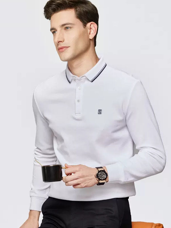 Men's Solid Color Lapel Long Sleeved Polo Shirt