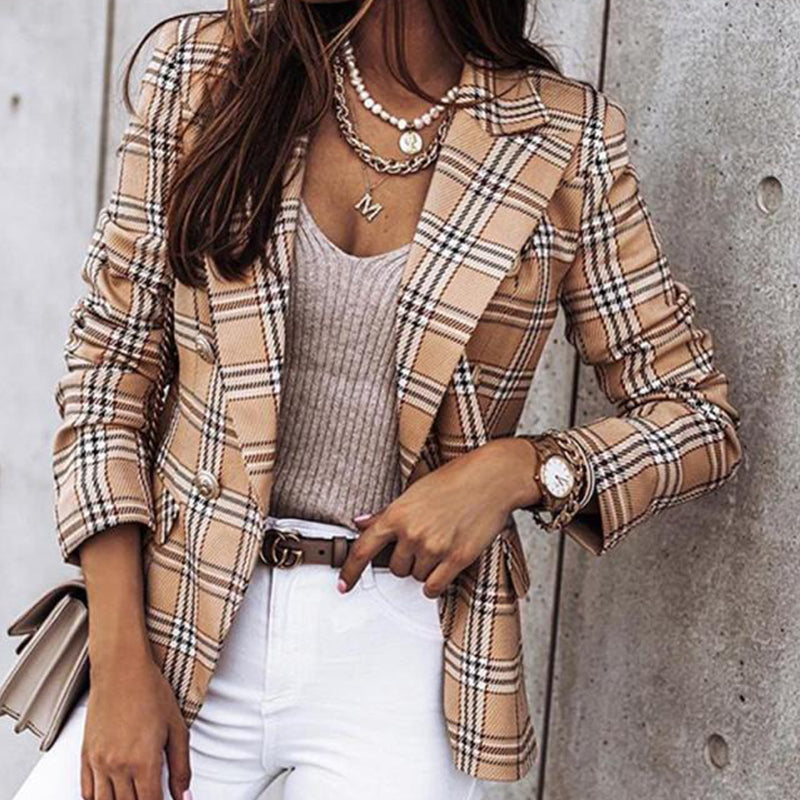 Long Sleeve Double Breasted Plaid Print Blazer