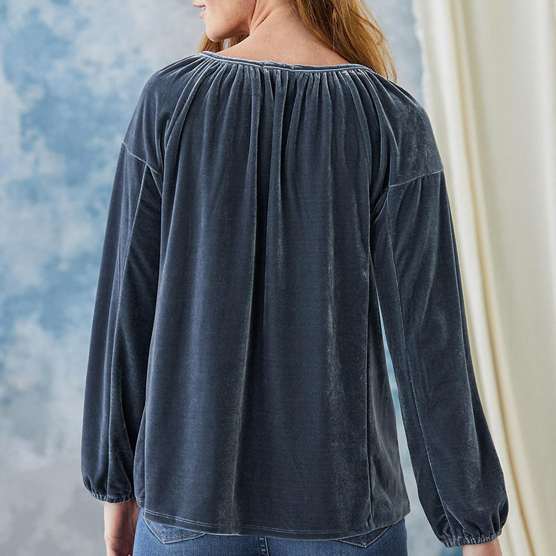 Crewneck Pullover Smocked Balloon Sleeve Velvet Top