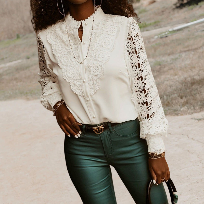 Lace Long Sleeve V-Neck Button-Up Shirt