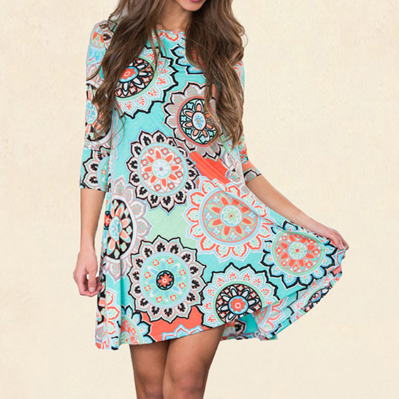 Sunflower Print Crew Neck Fashion Dress