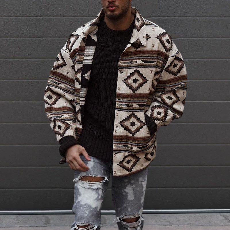 Printed Geometric Lapel Button-Up Jacket