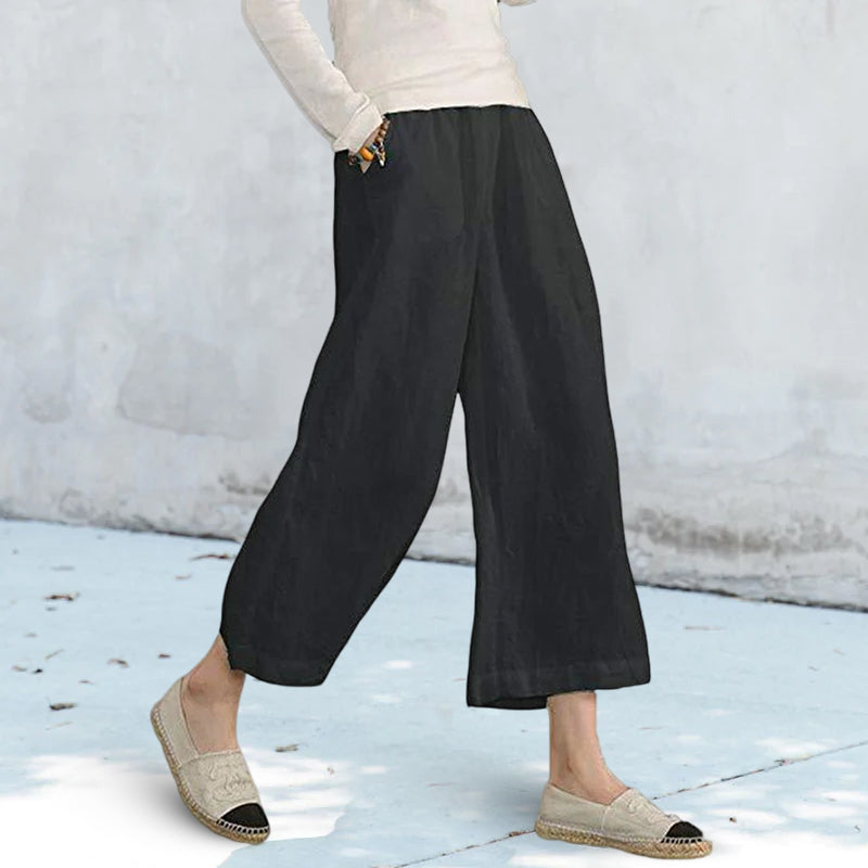 Solid Color Cotton and Linen Loose Wide-leg Cropped Pants