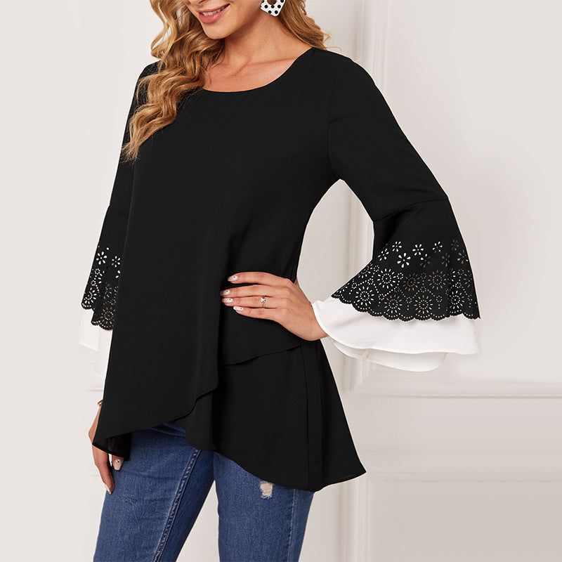 Women's Round Neck Contrast Color Nine-point Sleeve Shirt