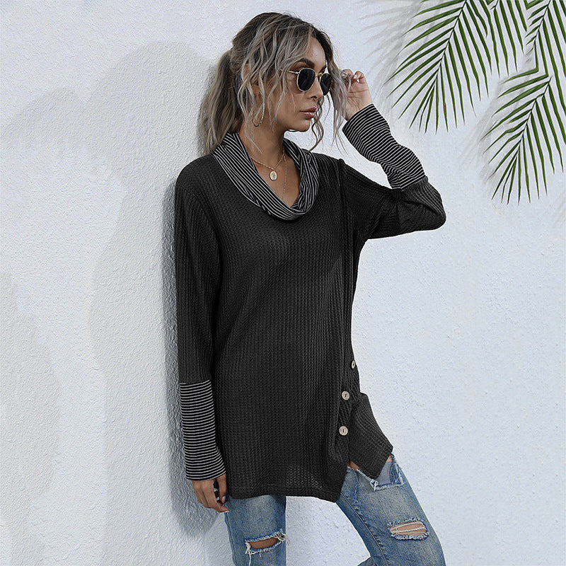 Ladies autumn and winter pile collar striped stitching bottoming shirt