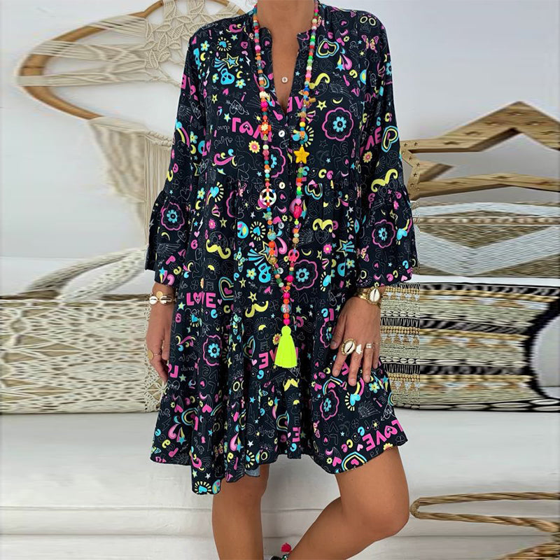 V-Neck Button-Up Ruffle Dress