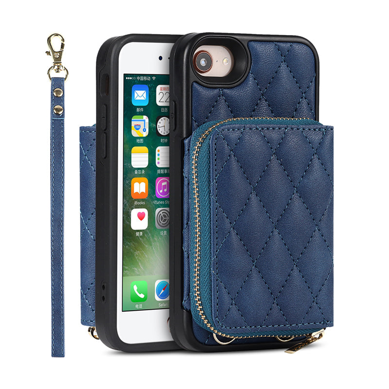 iPhone Phone Case Quilted Leather Wallet Case Card Holder with Crossbody Strap