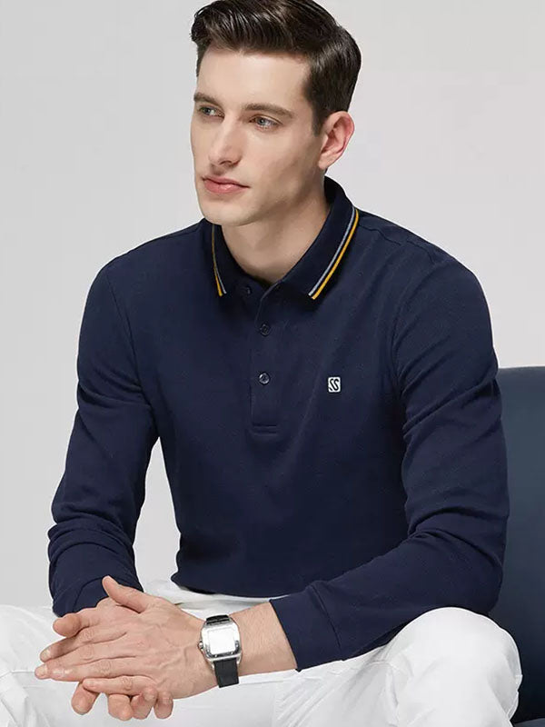 Men's Solid Color Lapel Long Sleeved Polo Shirt