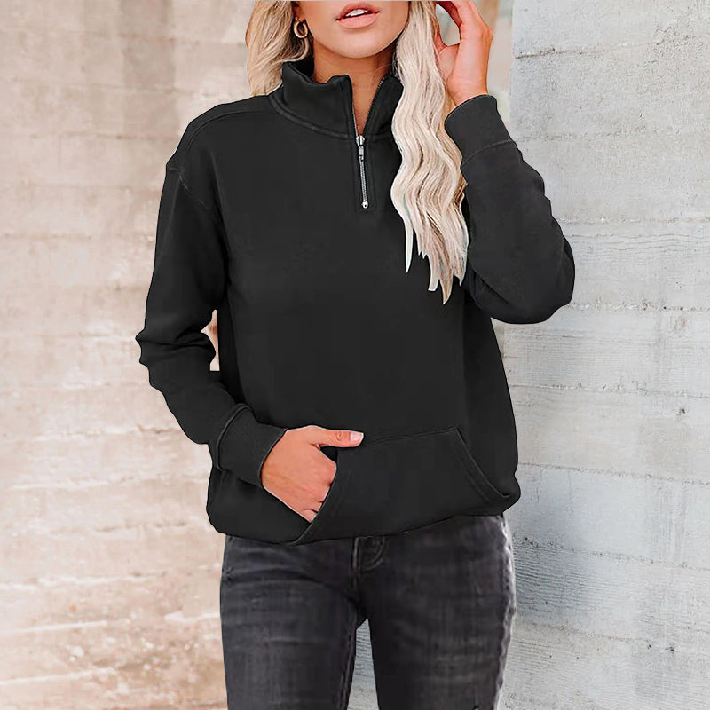 Solid Color Zip Up Collar Sweatshirt