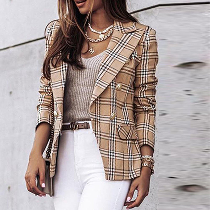 Long Sleeve Double Breasted Plaid Print Blazer