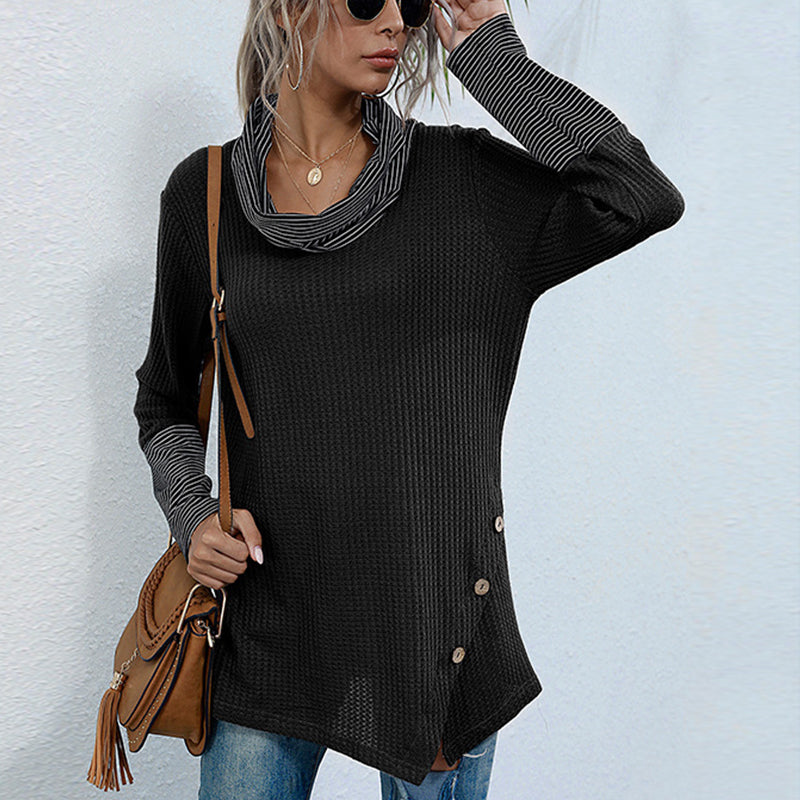 Ladies autumn and winter pile collar striped stitching bottoming shirt