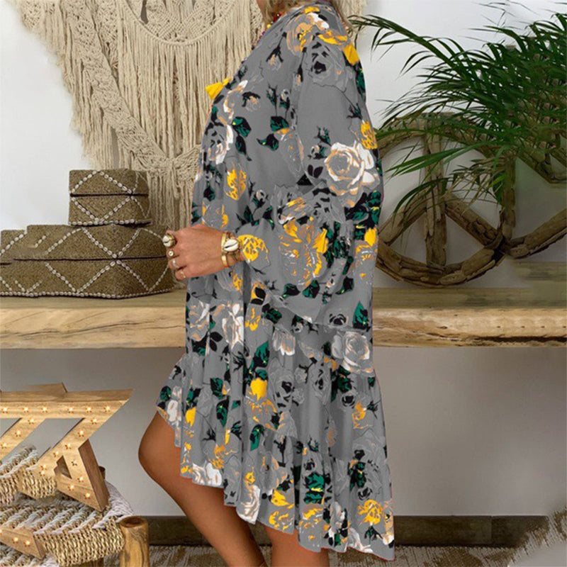 V-Neck Button-Up Ruffle Dress