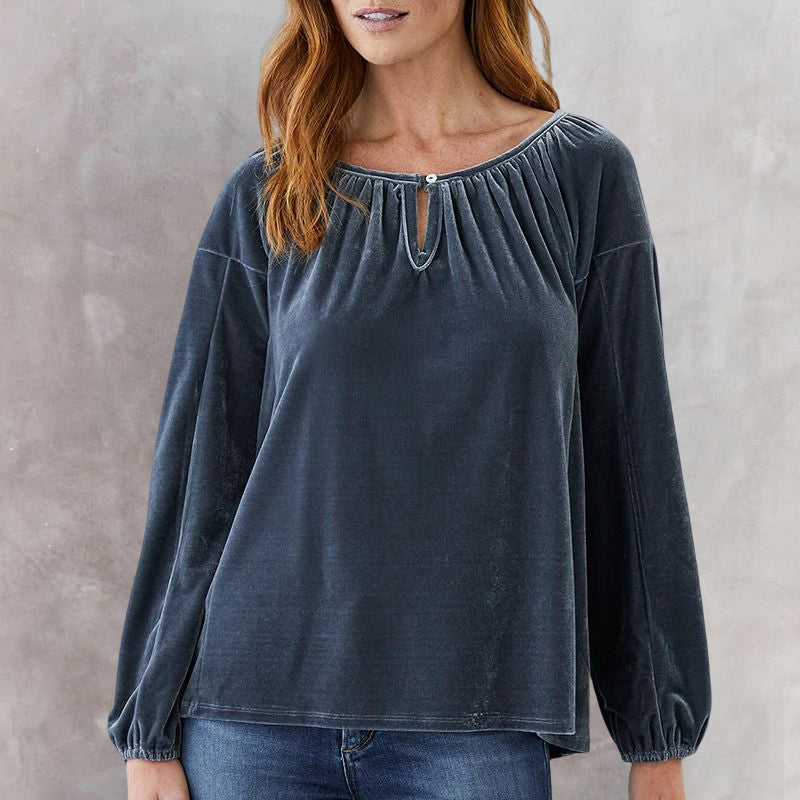 Crewneck Pullover Smocked Balloon Sleeve Velvet Top