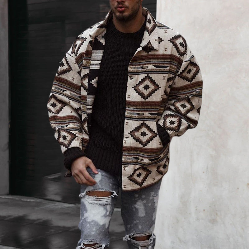 Printed Geometric Lapel Button-Up Jacket