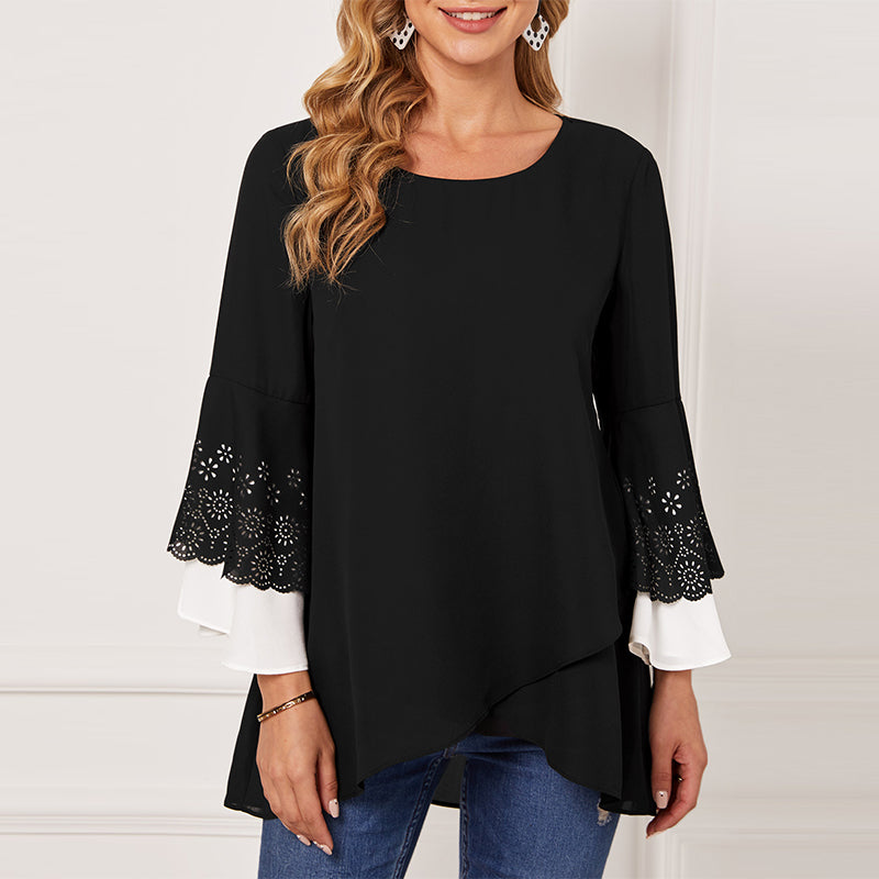 Women's Round Neck Contrast Color Nine-point Sleeve Shirt