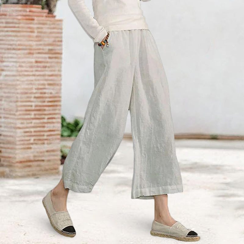 Solid Color Cotton and Linen Loose Wide-leg Cropped Pants