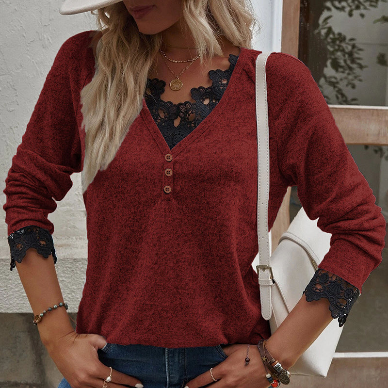 V Neck Lace Knit T-Shirt