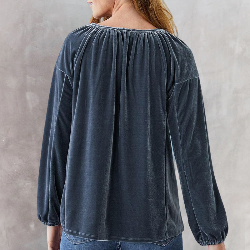 Crewneck Pullover Smocked Balloon Sleeve Velvet Top