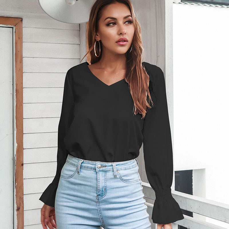 V-neck Open-back Flared-sleeve Shirt