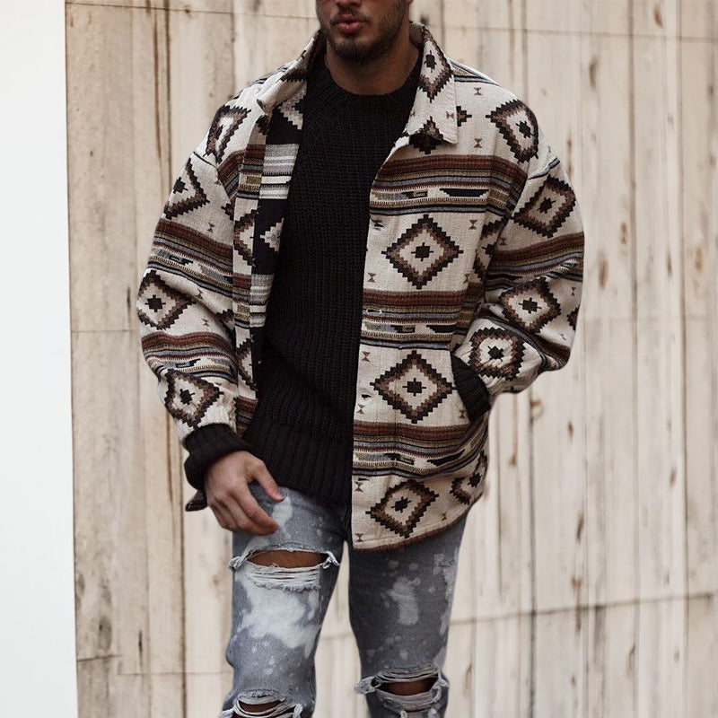 Printed Geometric Lapel Button-Up Jacket