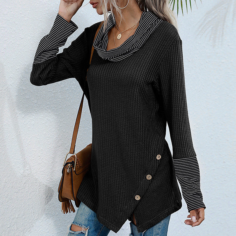 Ladies autumn and winter pile collar striped stitching bottoming shirt