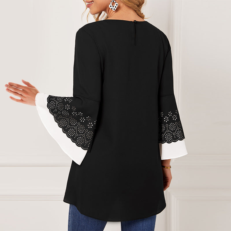 Women's Round Neck Contrast Color Nine-point Sleeve Shirt