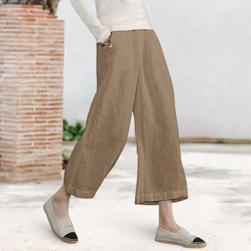 Solid Color Cotton and Linen Loose Wide-leg Cropped Pants