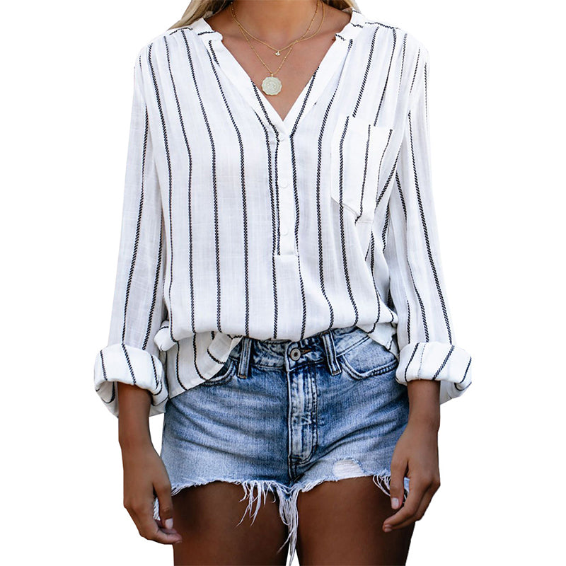 V Neck Long Sleeve Top Loose Pullover Shirt