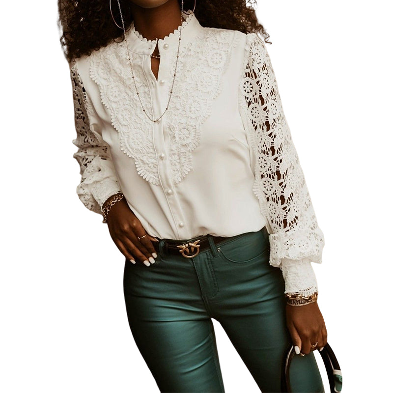 Lace Long Sleeve V-Neck Button-Up Shirt