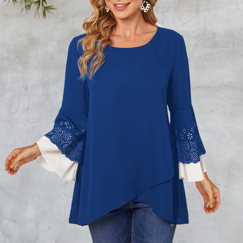 Women's Round Neck Contrast Color Nine-point Sleeve Shirt