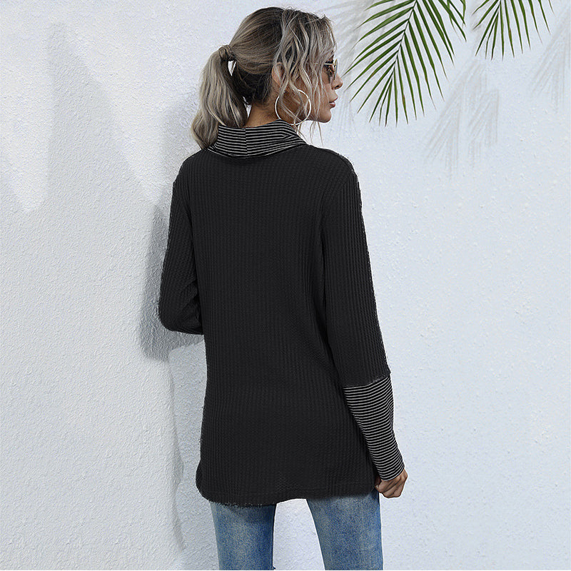 Ladies autumn and winter pile collar striped stitching bottoming shirt